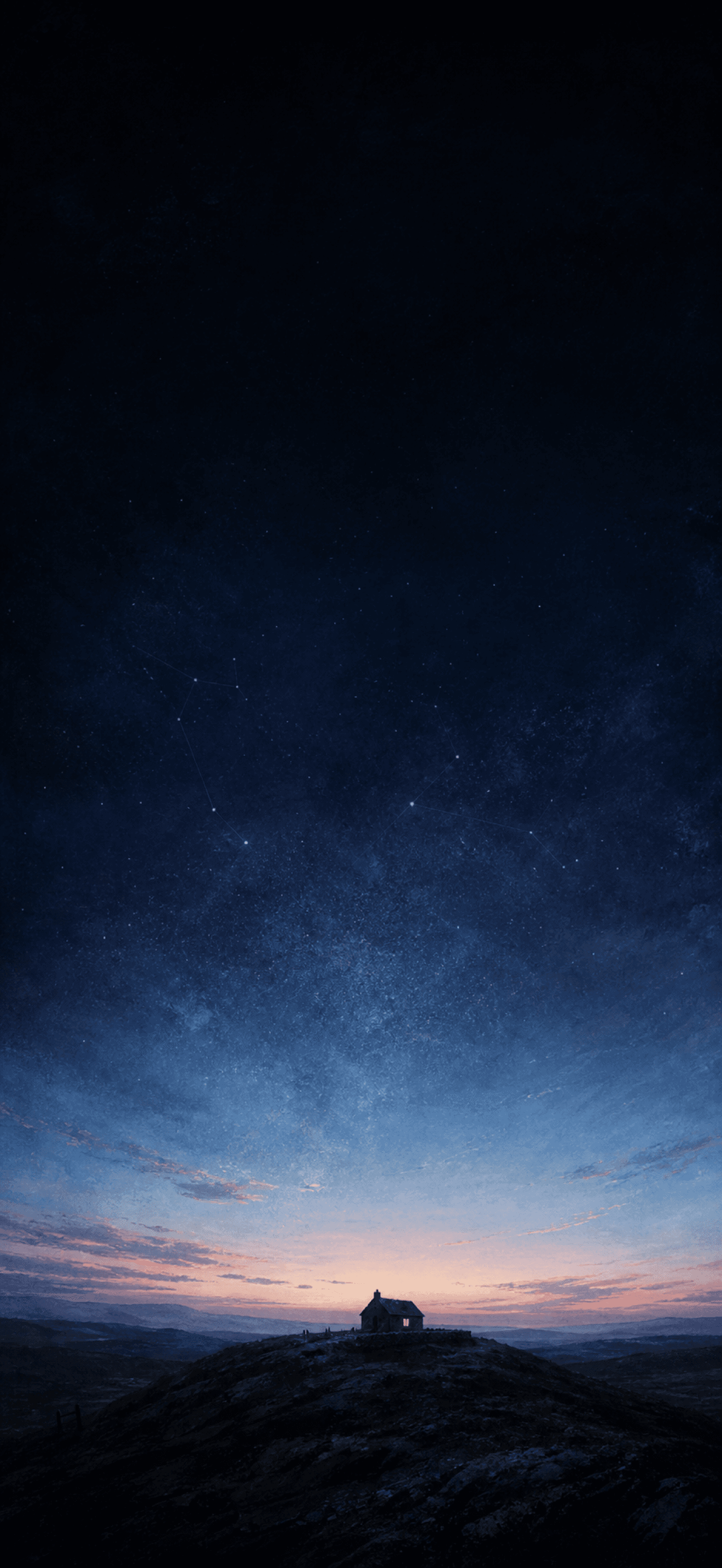 A house on a ridge under a forming constellation, the sky already tracing lines between the stars.